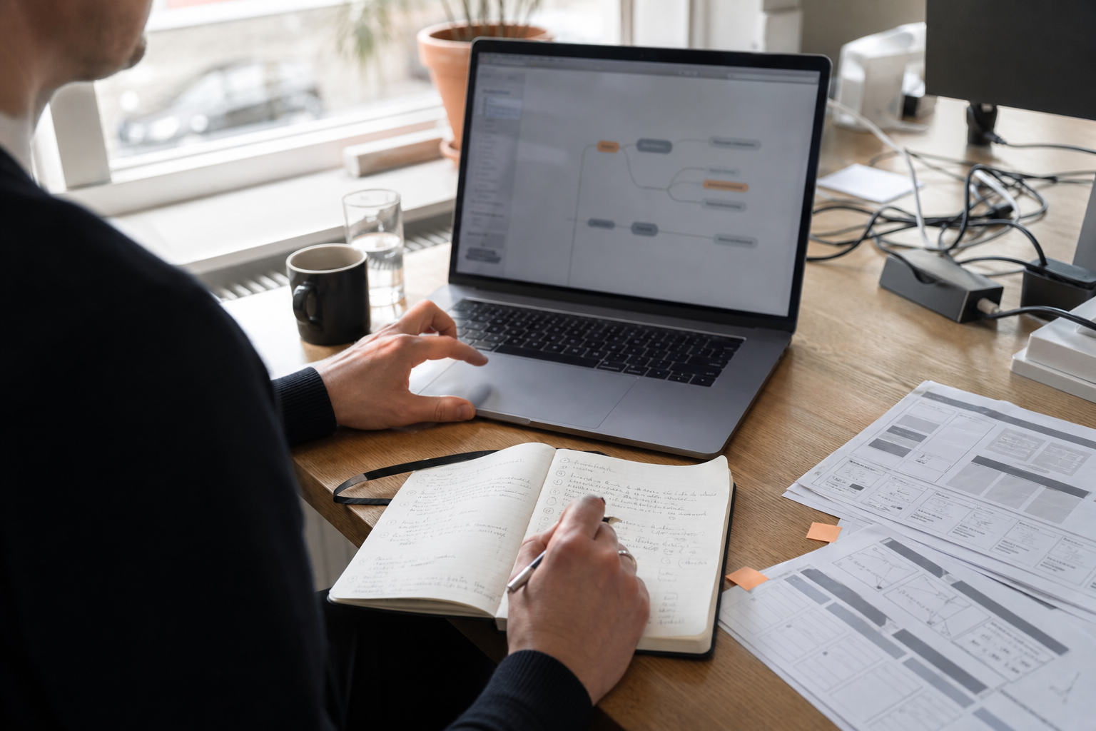 Abstracte redactionele compositie over een briefing schrijven waar een maker direct mee kan werken