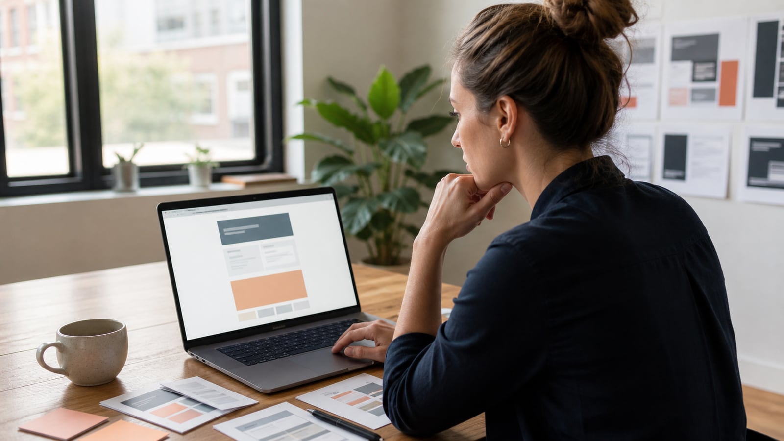 UX-professional die een landingspagina op een laptop beoordeelt