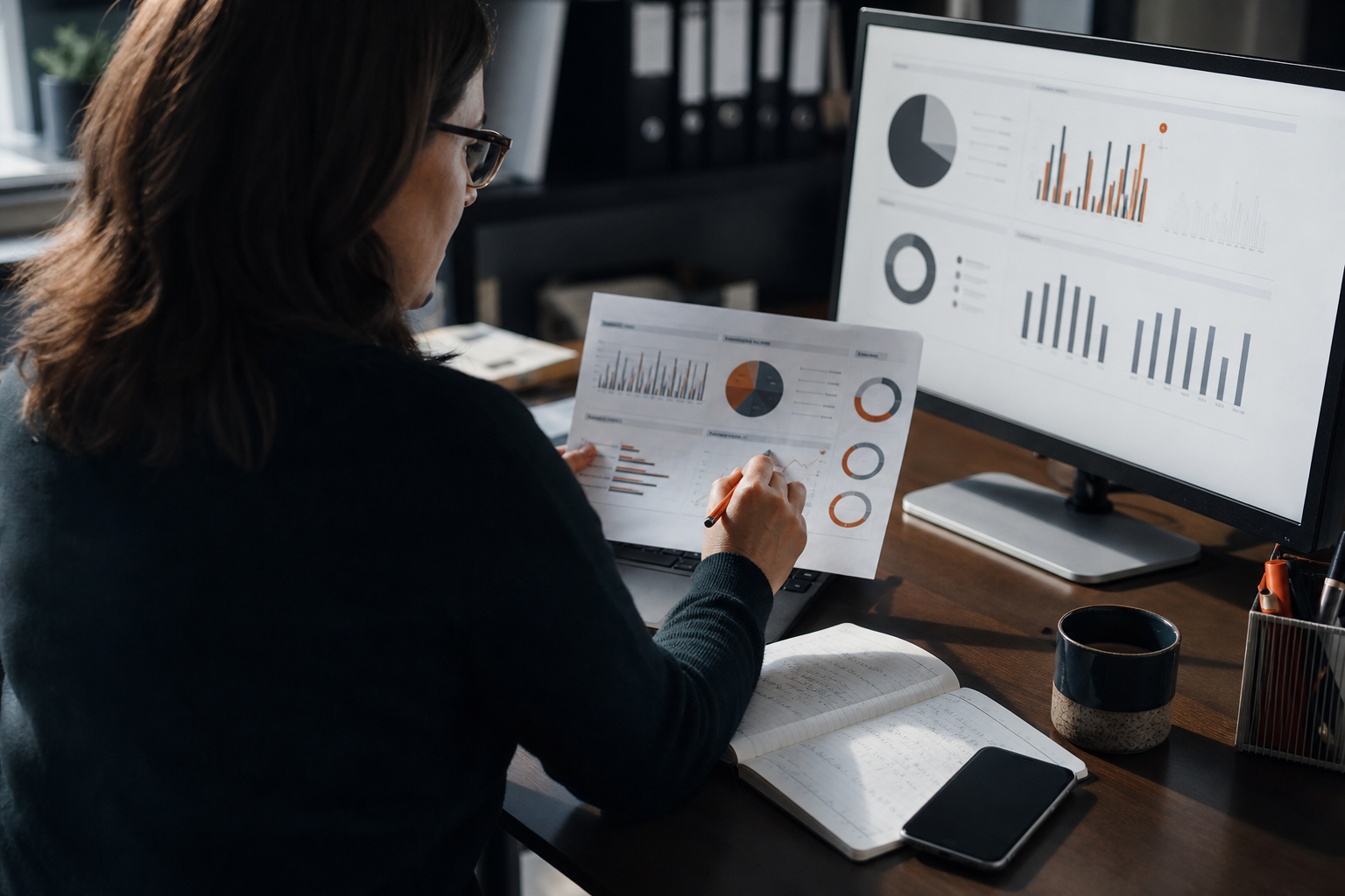 Communicatiemanager vergelijkt rapporten en een digitaal dashboard